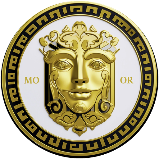 MOORSACHI emblem — the sovereign face within a Greek meander border, gold on black and white